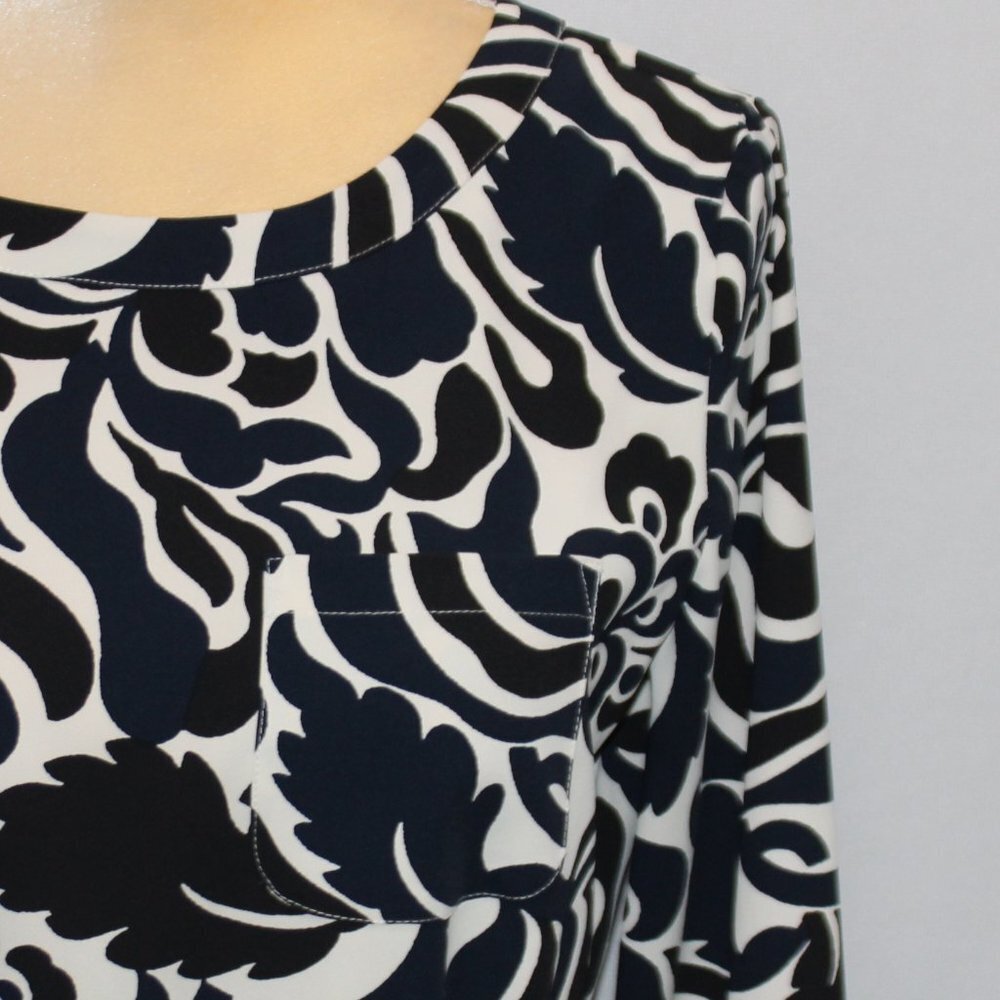 Loft Navy Black and White Long Sleave Straight lined Floral Dress with Tie - Picture 13 of 13